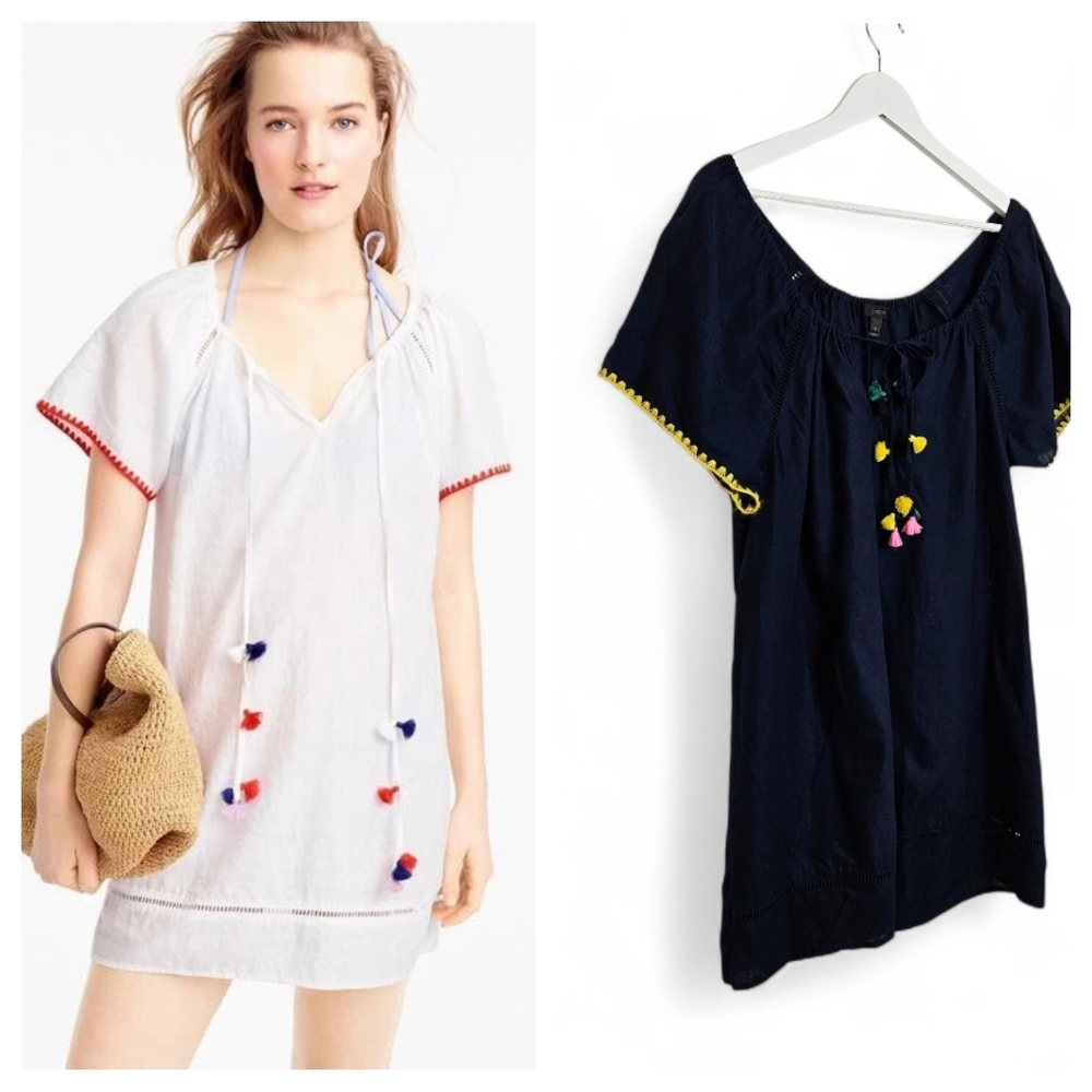 J.Crew Navy Embroidered Tassel Pom Pom Cover Up Dress Linen S Boho